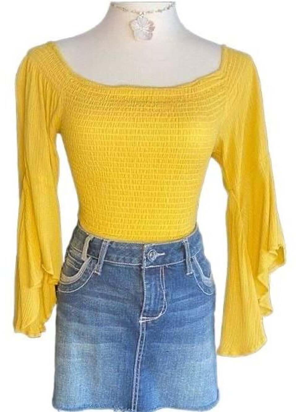 👚Mustard Yellow Smocked Bell Sleeve Crop Top